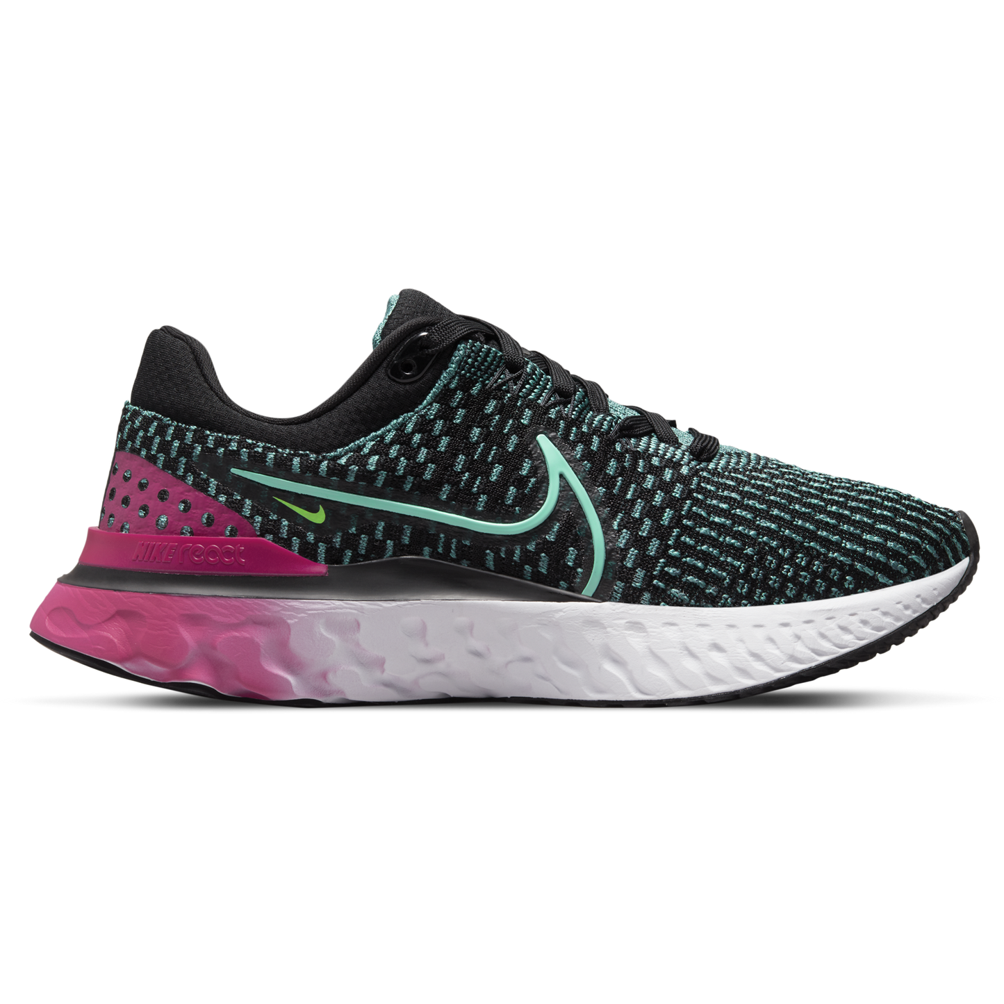 Women's Nike React Infinity Run Flyknit 3, Black/Dynamic Turquoise-Pink Prime, 8.5 B Medium